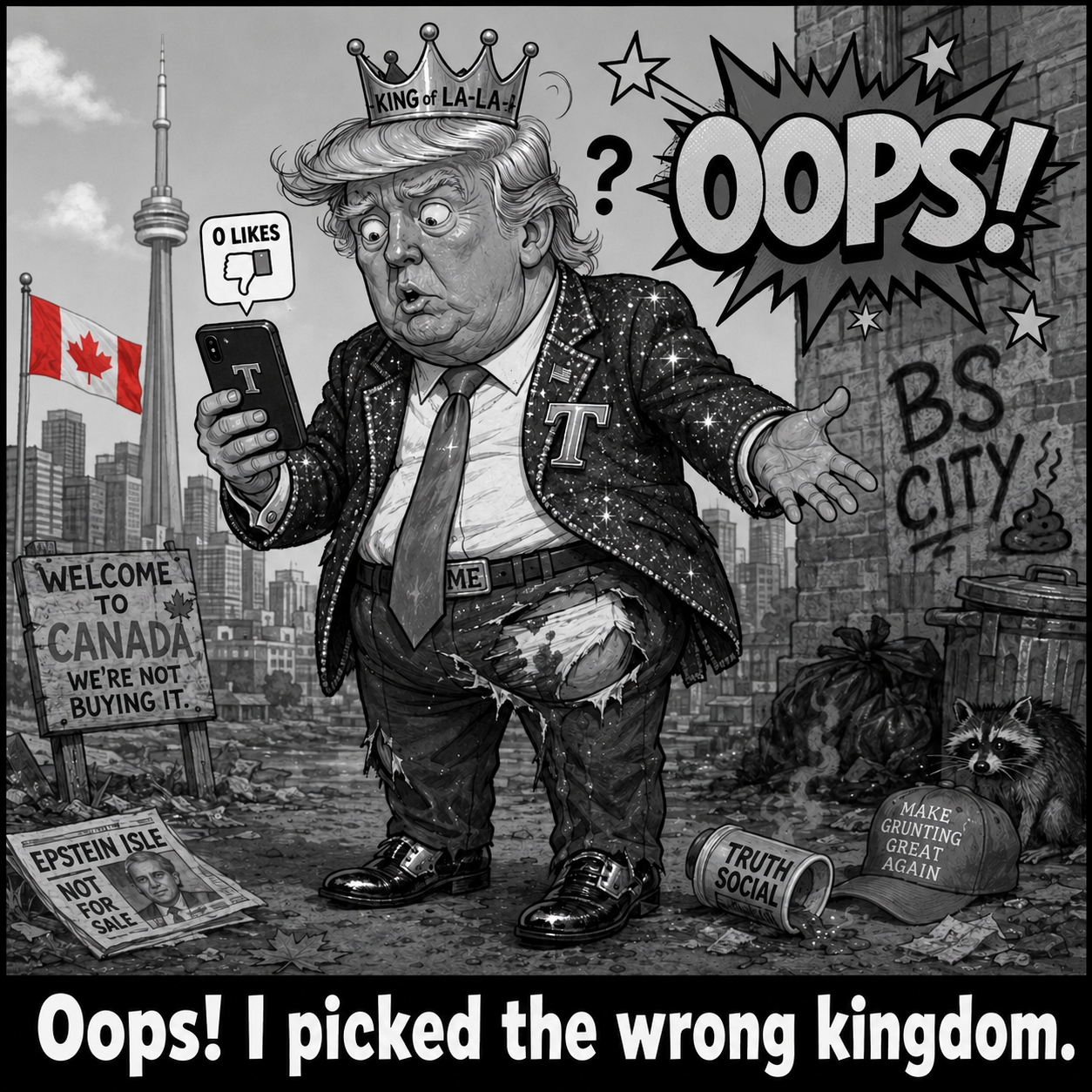 Satirical grayscale political cartoon of a crowned politician in a shabby city street with the caption “Oops! I picked the wrong kingdom.”
